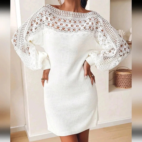 LadSolid Color Hollow-Out Elegant Lace Knit Sweater Dress - Picture 4 of 6